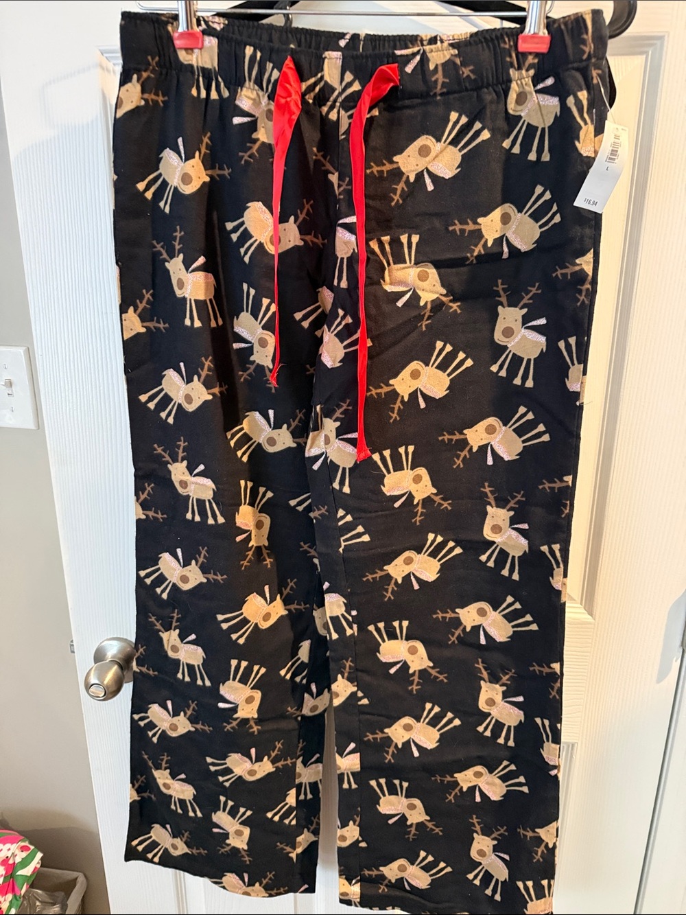 Old Navy Black Pajama Pants with Red Drawstring and Tan Reindeer Print